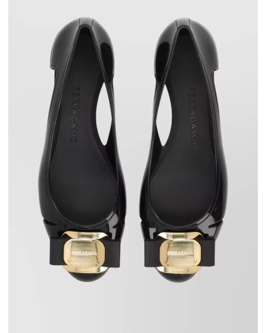 Ferragamo Black Ballerina Shoes Bow Detail Cut Out Sides