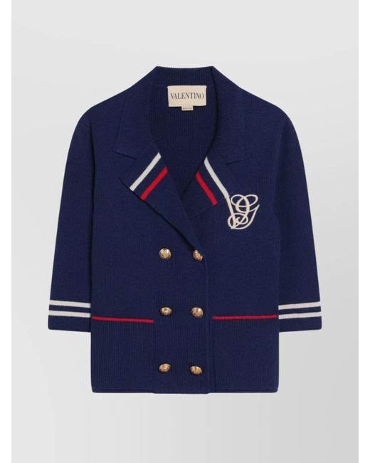 Valentino Blue Double-Breasted Wool Cardigan With-Tone Buttons