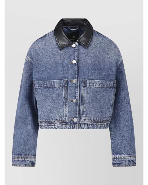 Anine Bing Blue Cropped Denim Jacket Leather Collar Pockets