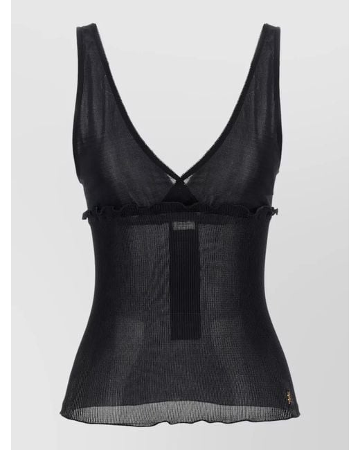 Saint Laurent Black Cassandre Ribbed Sheer Sleeveless V Neck Top