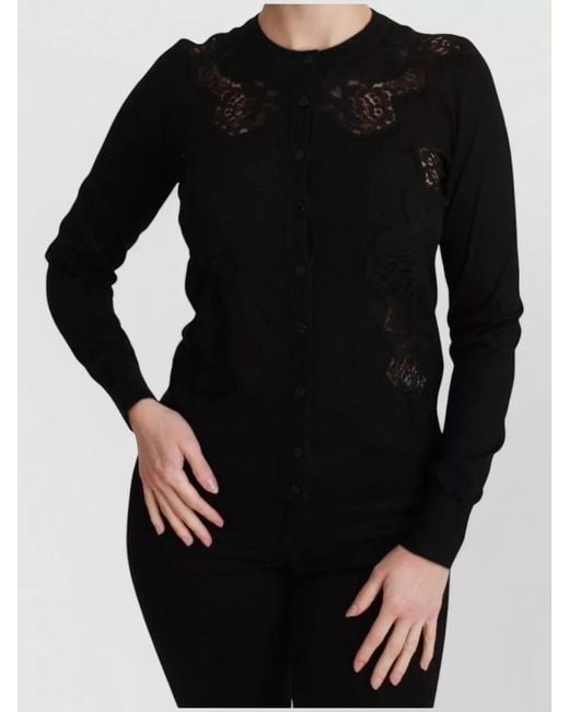 Dolce & Gabbana Black Cashmere Lace Cardigan Sweater Round Neck