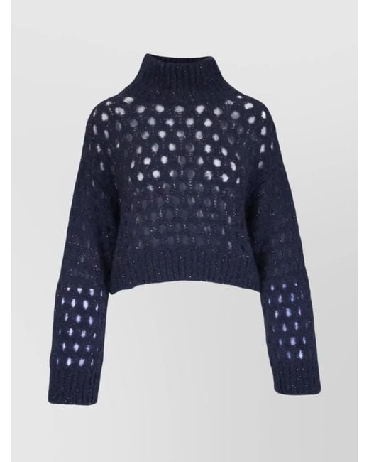 Brunello Cucinelli Blue Cropped Mock Neck Open Knit Sweater