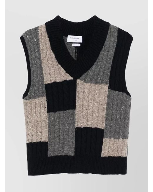 Thom Browne Black Cable-Knit V-Neck Sleeveless Jumper for men