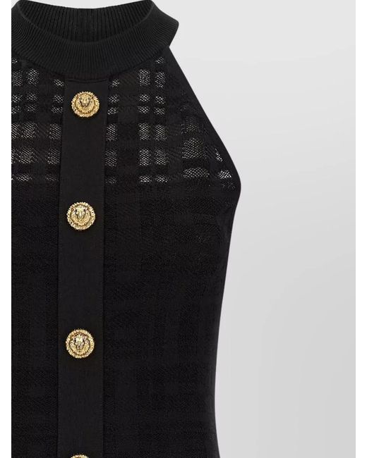 Balmain Black Pleated Tartan Knit Halterneck Sleeveless Mini Dress