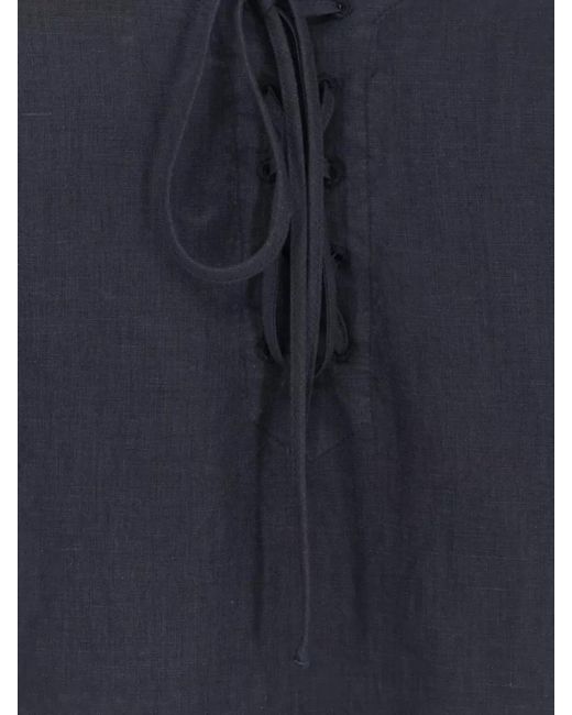 Aspesi Blue Linen Shirt Round Hem Side Slits Sleeveless