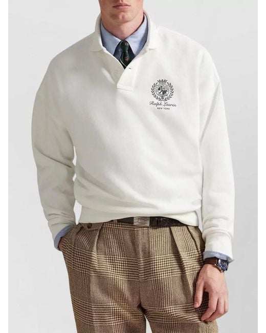 Polo Ralph Lauren White Ribbed-Collar Relaxed-Fit Long-Sleeve Polo Shirt for men