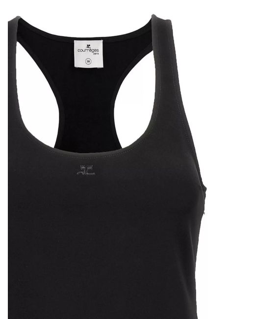 Courreges Black Infinity Pleats A-Line Embroidered Logo Scoop Neck Asymmetric Hem Knee-Length Dress