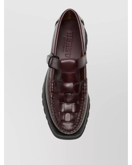 Hereu Brown Soller Leather Loafers Closed Toe Chunky Heel