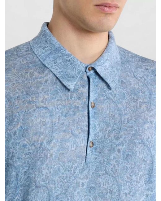 Etro Blue Knitted Polo Shirt Short Sleeves Floral for men
