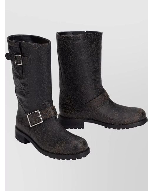 Jimmy Choo Black Leather Biker Boots Buckles Cracked Finish