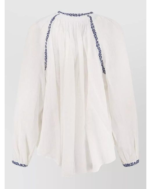 Isabel Marant White Top Embroidered Detail Gathered Fabric Keyhole Neck
