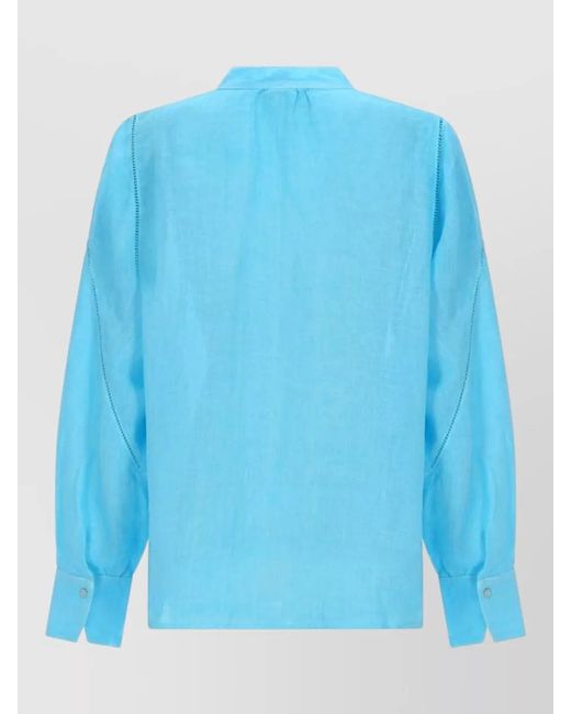 120% Lino Blue Linen Shirt Breathable Collared Long Sleeve