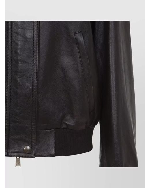 Prada Black Leather Bomber Jacket Relaxed Fit Ribbed Trims