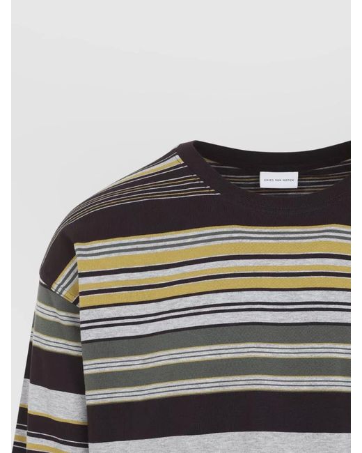 Dries Van Noten Gray Long Sleeve Graphic Stripe Cotton T Shirt for men
