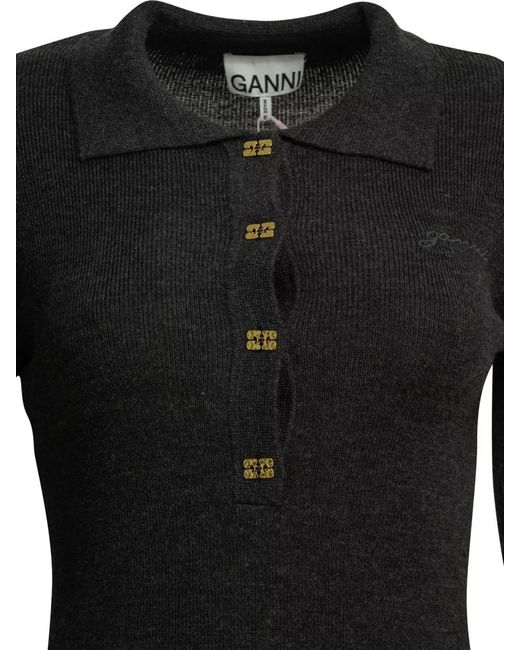 Ganni Black Logo Knit Polo Long Sleeve Sweater