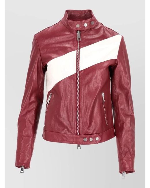 LA ROSE Red Bomber Jacket Color Block High Collar