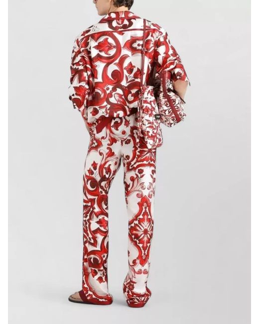Dolce & Gabbana Red Majolica Print Twill Trousers Unique Design for men
