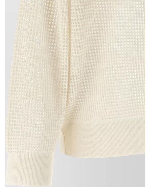 Brunello Cucinelli Natural Mesh Knit V Neck Long Sleeve Sweater