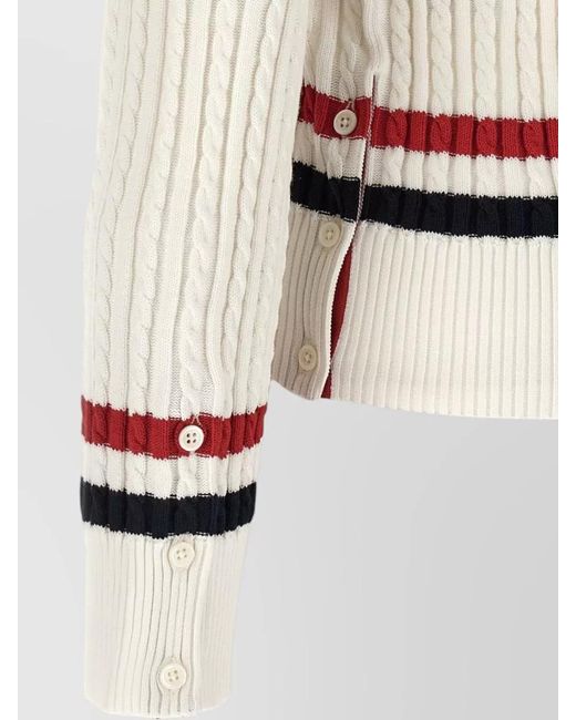 Thom Browne White Rwb Cable Knit Sweater Button Detail V Neck for men