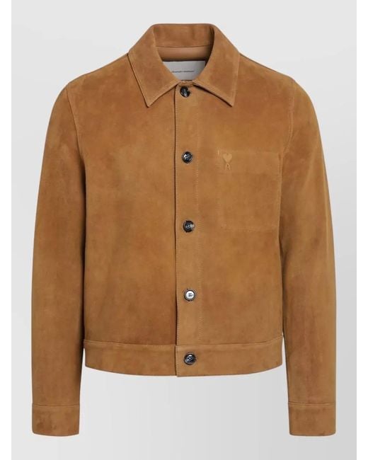 AMI Brown Suede Jacket Collared Design Chest Pocket for men