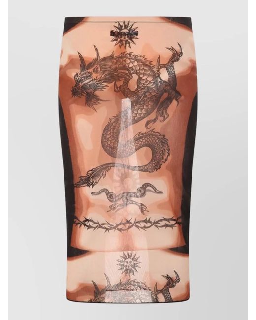 Jean Paul Gaultier Brown Mesh Tattoo-Print Midi Fitted Skirt