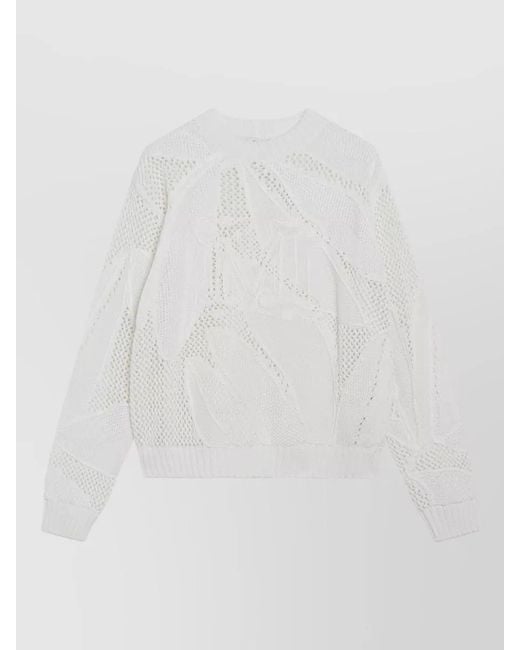Max Mara White Leaf Pattern Crew Neck Textured Knit Sweater