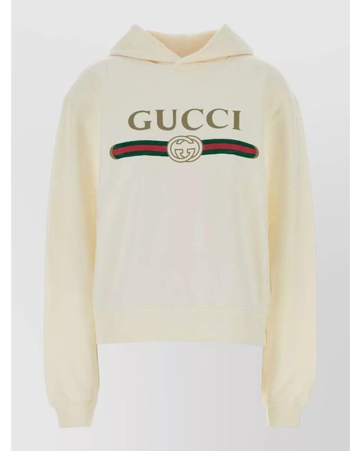 Gucci Natural Cotton Blend Hooded Sweatshirt Long Sleeves