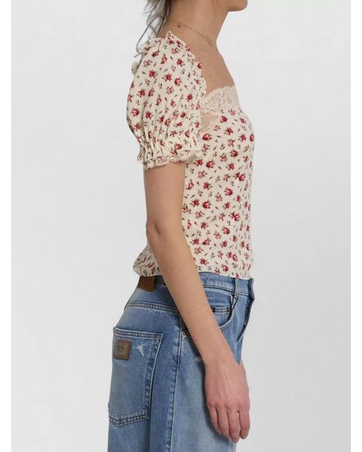 Dolce & Gabbana Blue Charmeuse Top Rose Print Straight Neckline
