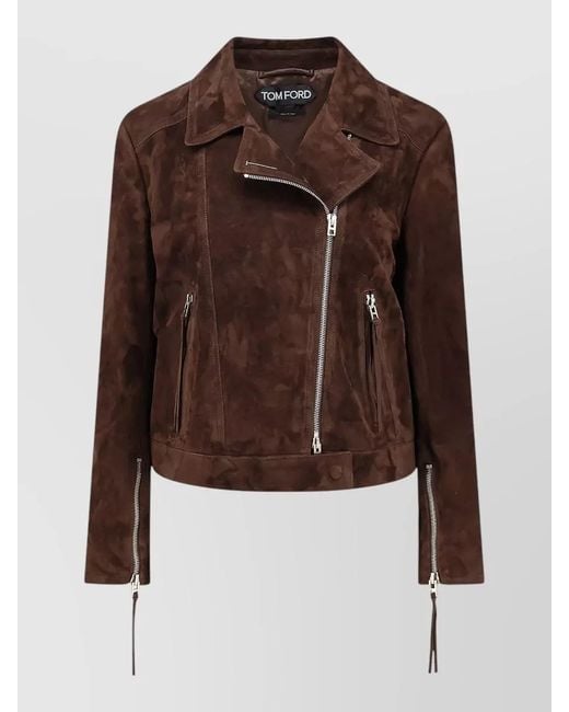 Tom Ford Brown Suede Moto Jacket Double Zip Pockets