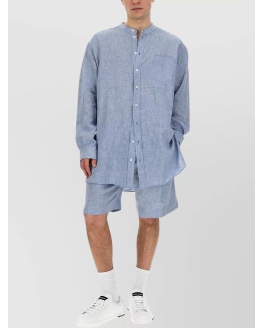 Dolce & Gabbana Blue Linen Oversized Mandarin Collar Shirt for men