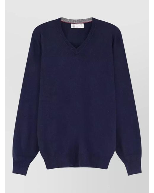 Brunello Cucinelli Blue Cashmere Sweater V Neckline Long Sleeves for men