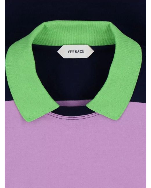 Versace Blue Block Design Polo Top Ribbed Cuffs