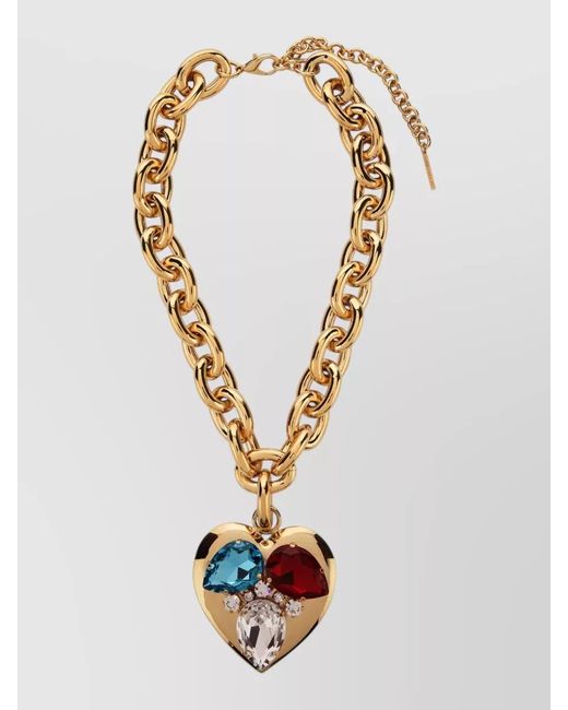 Alessandra Rich White Necklace Chunky Chain Gemstones Heart Pendant