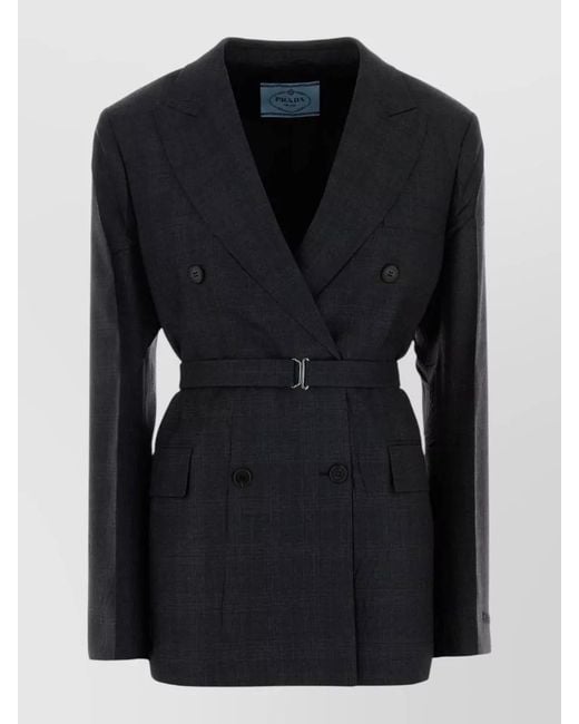 Prada Black Wool Blazer Embroidery Buttoned Cuffs Pockets Lapels