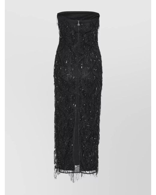 ROTATE BIRGER CHRISTENSEN Black Strapless Midi Dress Sequin Fringe