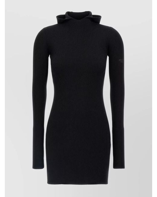 Fendi Black Wool Silk Ribbed Hooded Mini Dress