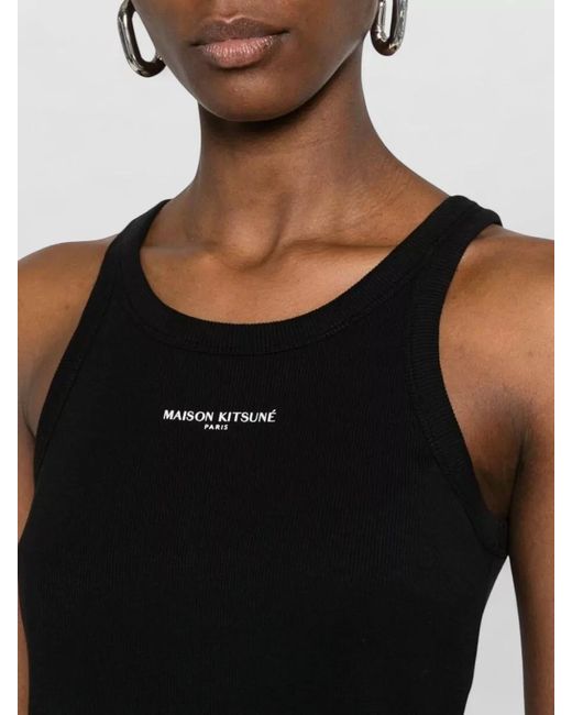 Maison Kitsuné Black Logo Ribbed Dress Sleeveless Round Neck Slits