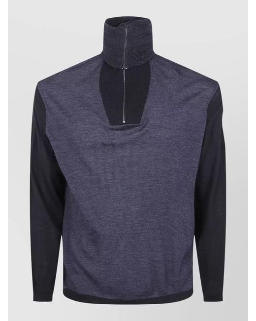 Emporio Armani Blue Half Zip High Neck Knit Top for men
