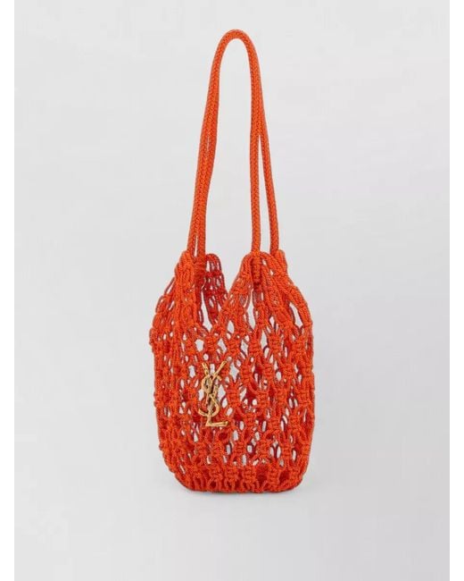 Saint Laurent Red Crochet Bucket Bag Featuring Shoulder Strap