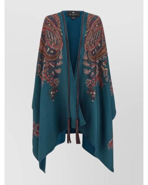 Etro Blue Floral Paisley Draped Cape Tassel Detail