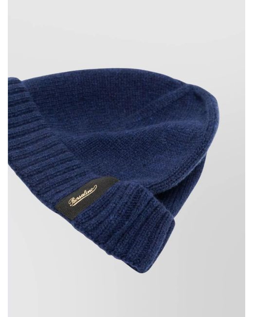 Borsalino Blue Cashmere Beanie With Folded Brim And Ribbed Cuff