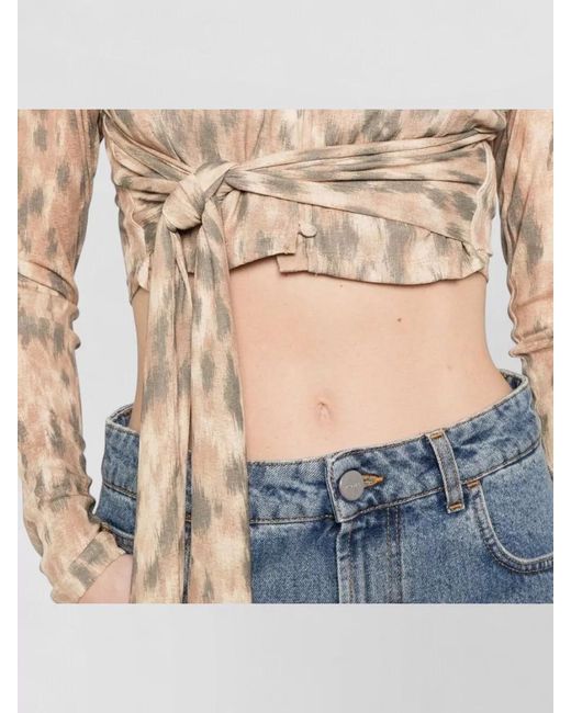 Ganni Natural Printed Wrap Long-Sleeve Cropped Blouse