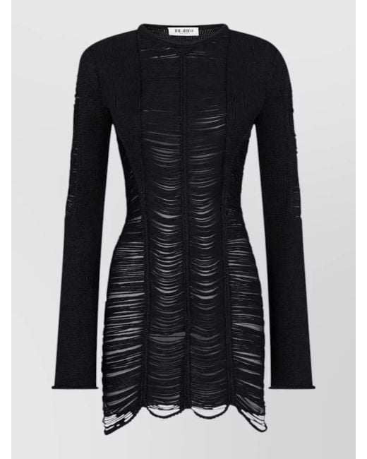 The Attico Black Fringe Mini Dress Round Neckline Sheer