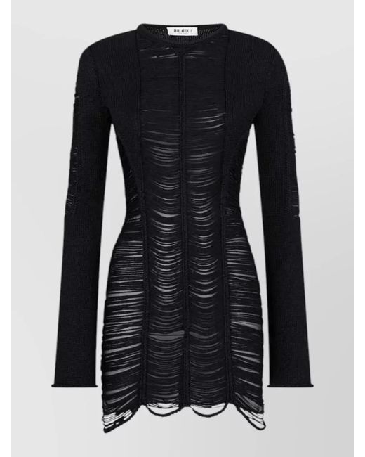 The Attico Black Fringed Asymmetric Long-Sleeve Mini Dress