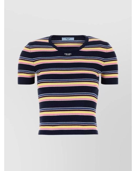 Prada Blue Crew Neck Striped Cotton T-Shirt With Embroidery