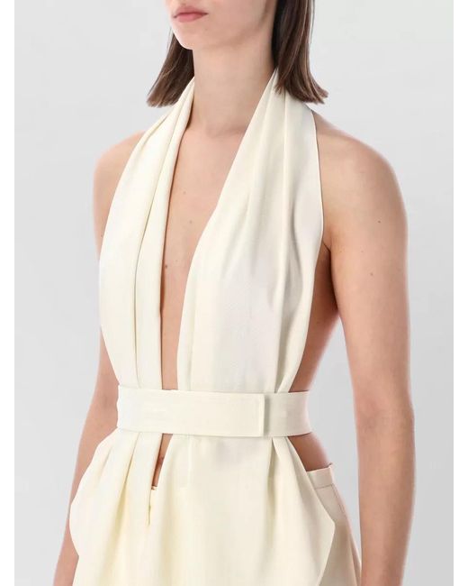Alberta Ferretti Natural Belted Halterneck Top Draped Front Open Back