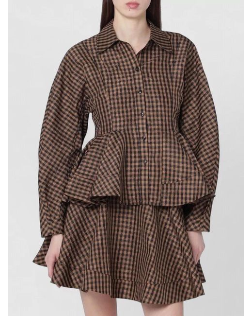 Ganni Brown Peplum Check Shirt
