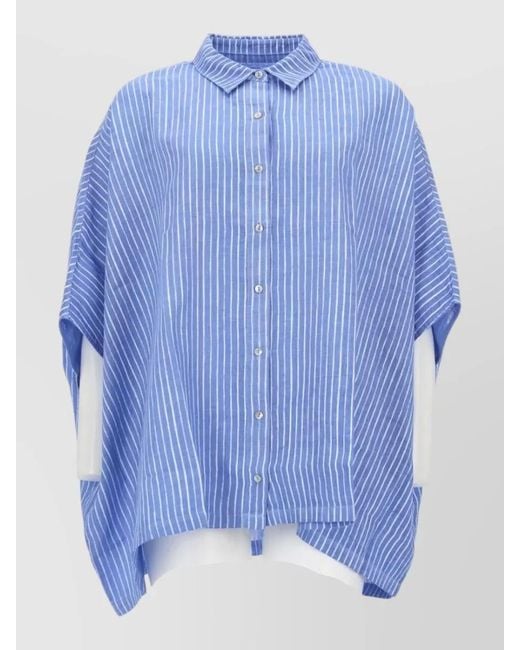 120% Lino Blue Oversize Striped Collared Short Sleeve Jacket