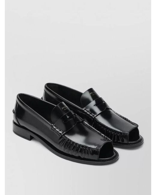 Prada Black Loafers Fringe Detail Glossy Finish Peep Toe