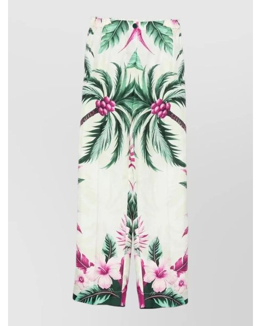 F.R.S For Restless Sleepers White Silk Trousers Tropical Motif Elastic Waist